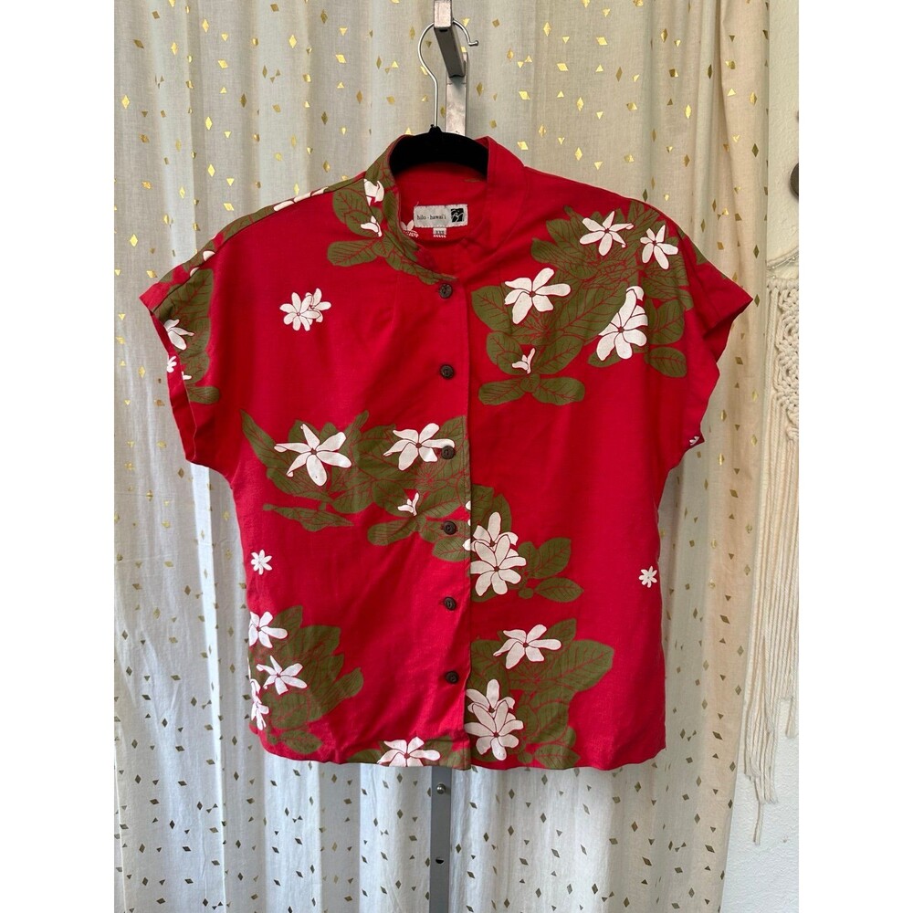 Sig Zane Linen Blend Hawaiian Aloha Button Down Cap Sleeve Tiare Floral Top XXS